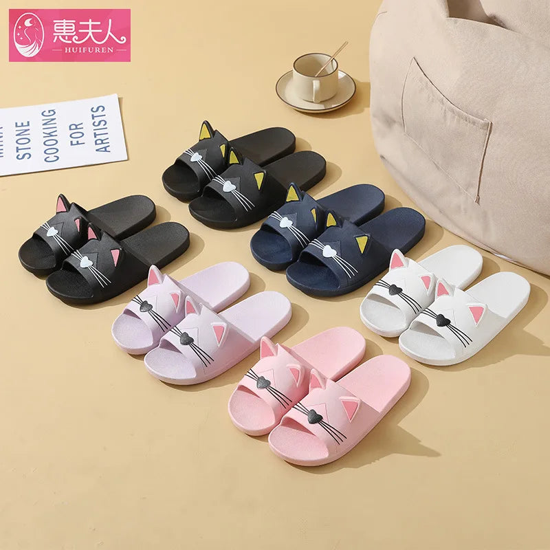 New Summer Slippers Women Home Shoes Sandals Cartoon Cats Flip Flops Men Couple's Soft Sole Bathroom Slippers Zapatillas
