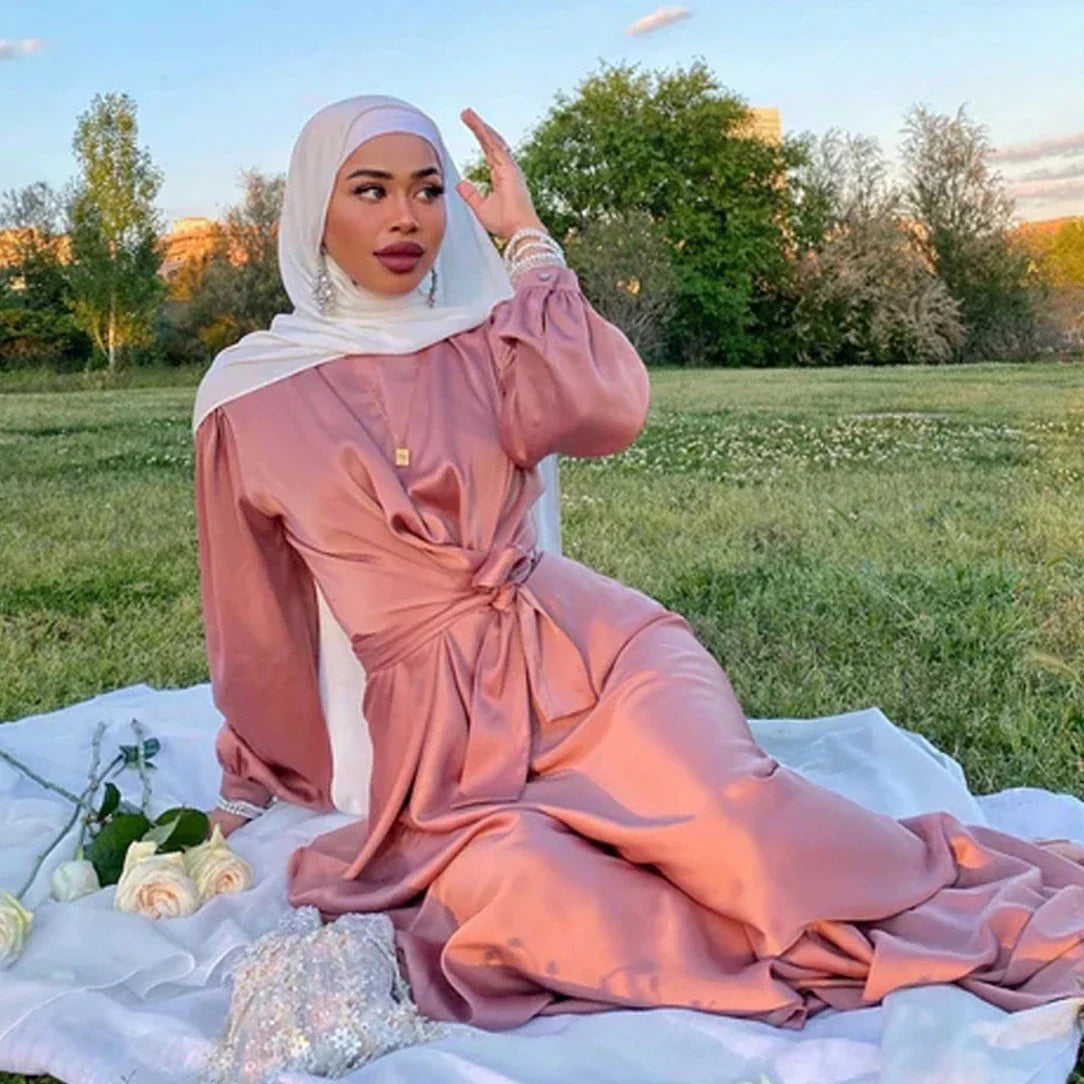 Satin Abaya Wrap Dress Luxury Dubai Muslim Dresses for Women Abayas Turkey African Islamic Clothes Ramadan Eid Kaftan Hijab Robe