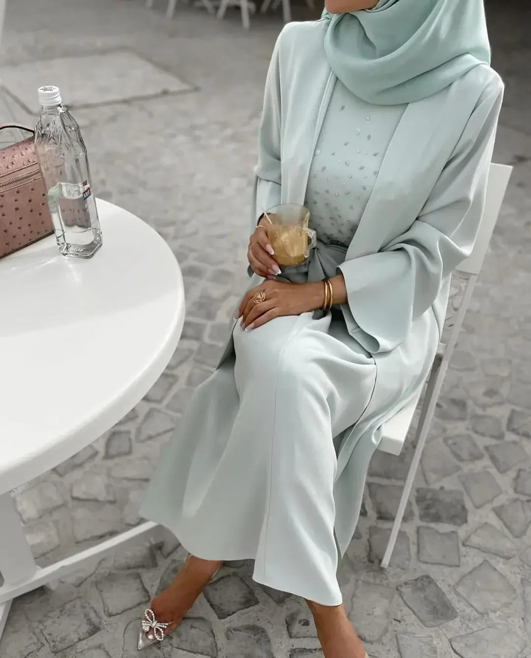Eid 3 Piece Abaya Kimono Wrap Front Maxi Skirt Matching Set Women Muslim Hijab Dress Nida Beads Islam Outfit Kaftan