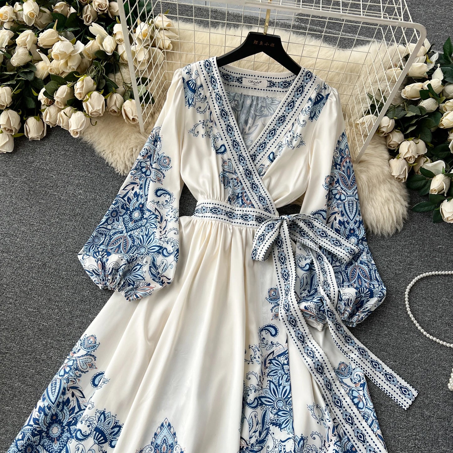 Autumn Vintage Floral Long Dress for Women Ruched Full Sleeve Luxury Cotton Female Vestidos Waist Lace Up Runway Maxi Traf New