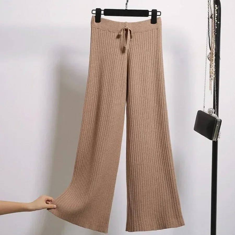 Drape High Waist Wide Leg Pants for Women Autumn Winter Casual Loose Knit Straight Leg Pants Lace-up Women Solid Trousers