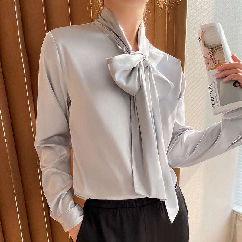 Ladies Fashion Long Sleeves Butterfly Bow Tie Blouse Solid Color Silk Satin Shirt Thin Casual Tops Women