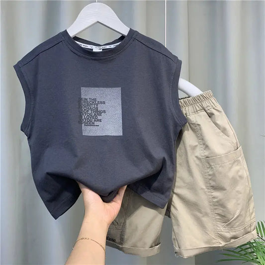 Kids Clothes Girls Boys Summer Sleeveless Suit Gray Vest +Shorts 2pcs Clothes Set Letters Printed Loose Tops Cotton Outfits