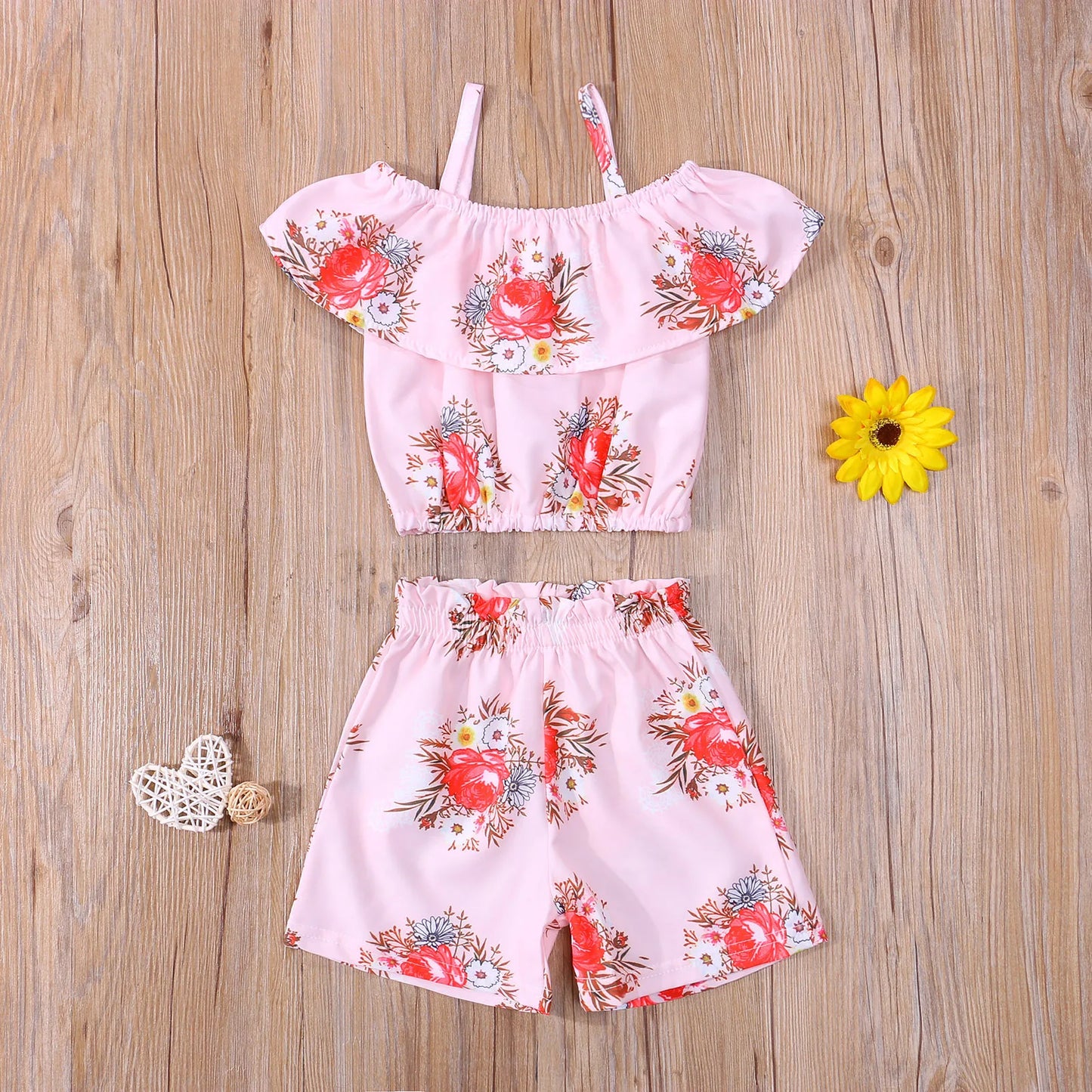 1-6 Year Old Toddler Baby Girl Clothes Watermelon Sunflower Print Ruffle Drop Shoulder Strap Top Shorts 2-Piece Summer Set
