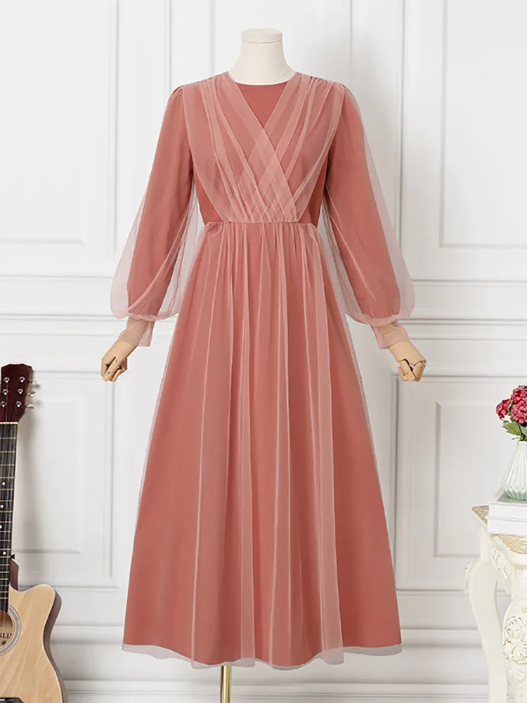 Kaftan Abaya Women Dress Puff Sleeve Solid Maxi Vestido Casual Loose Holiday Simple Long Robe