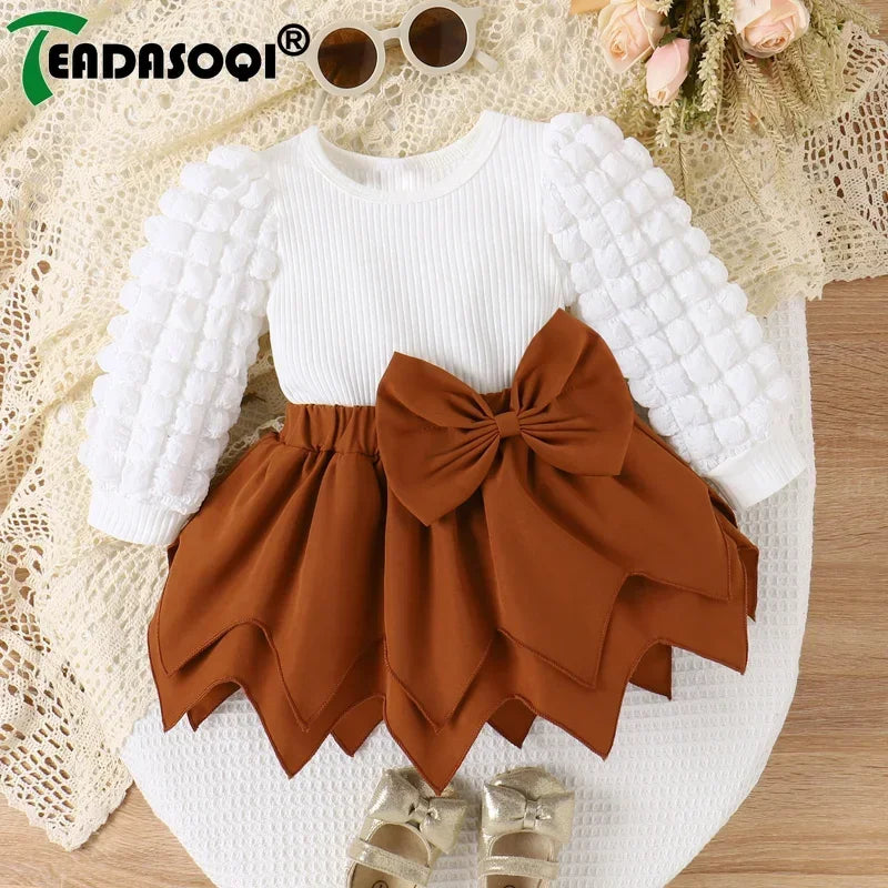 Newborn Baby Girl Clothes Sets Plaid Bubble Pit Long Sleeve Tops Bowknot Layered Short Skirt 2Pcs Sets Kids Girls Outfits3-24M