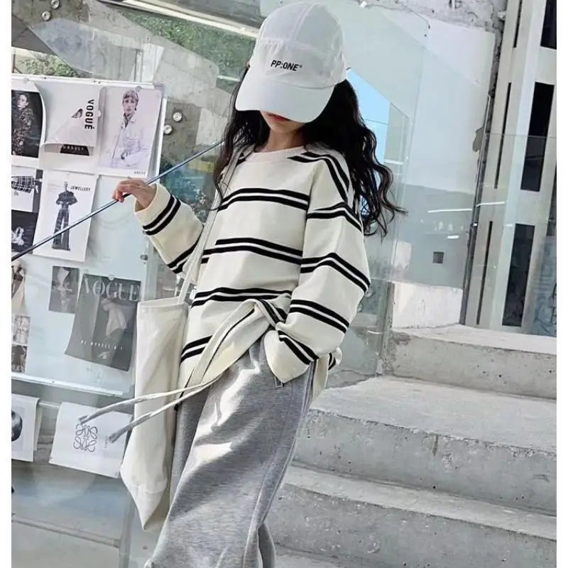 Korea Style Kids Clothes Girl 2Pcs Set Clothing Long Sleeve Striped Top+Loose Pant Outfits for Teen Girl 6 8 10 12 14 Year