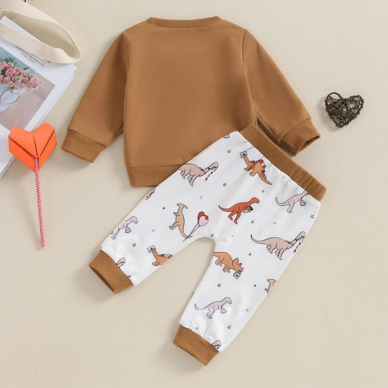 Toddler Boys 2PCS Autumn Fashion Pants Sets Long Sleeve Cartoon Dinosaur Print Sweatshirt and Drawstring Pants Sets