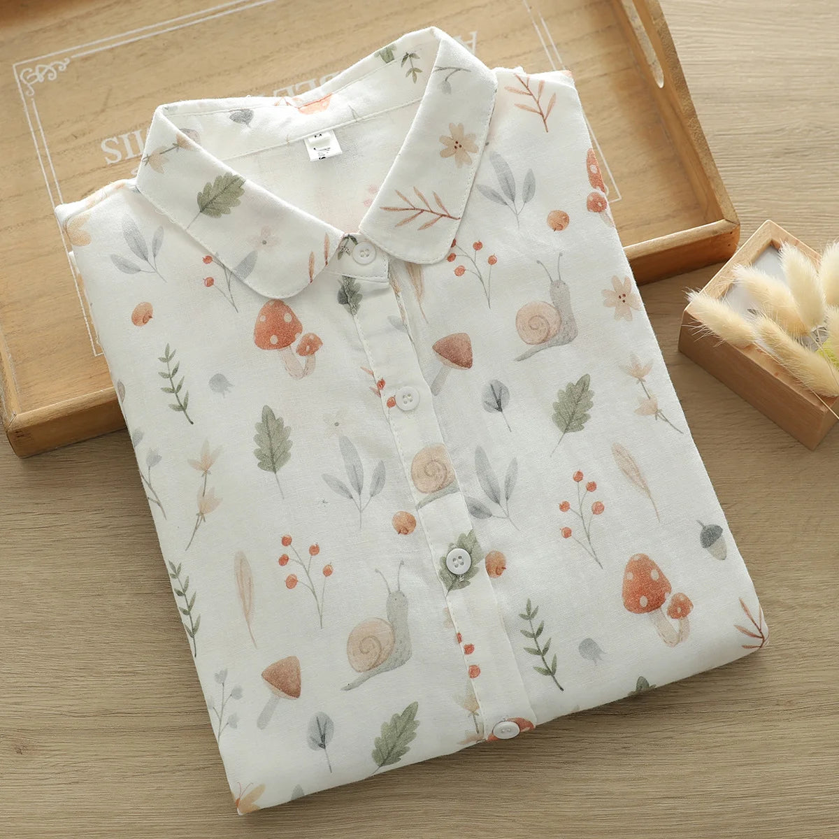 Women Printed Shirts Cotton Yarn Blouses Long Sleeve Lady Tops Mori Girls Japan Style Mushroom Print Shirts Loose Female Clothes