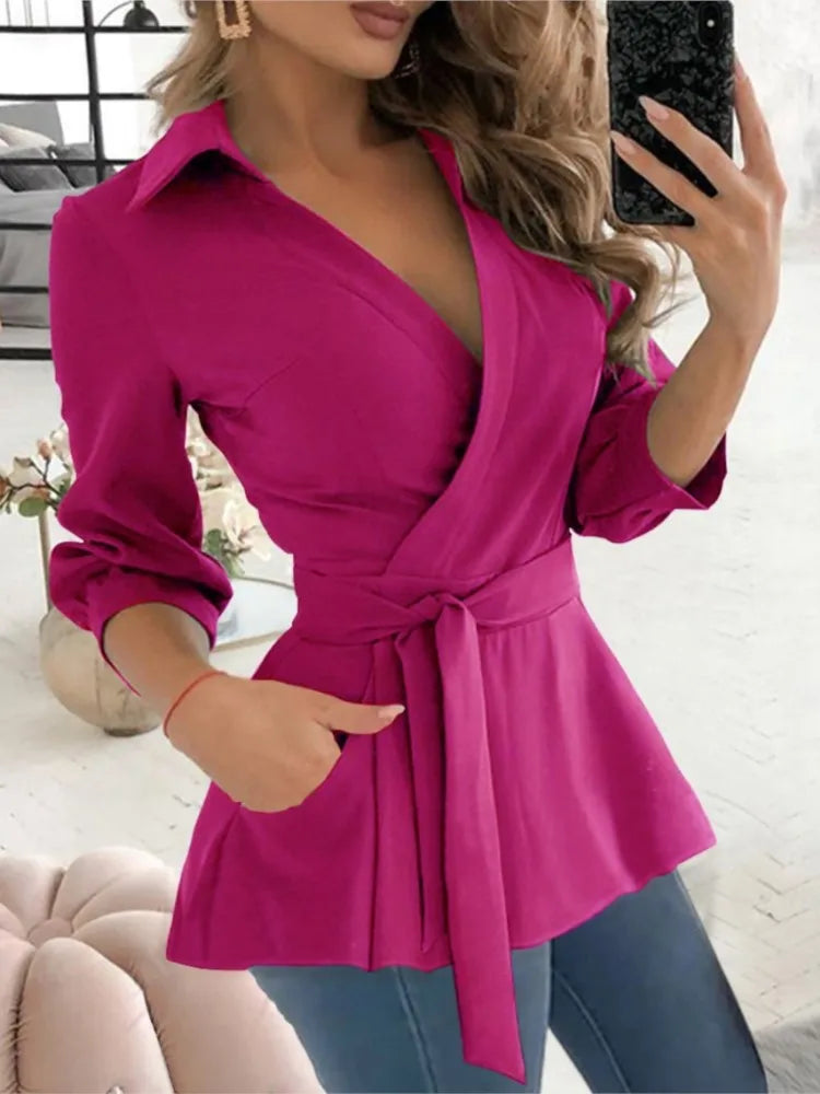Long Sleeve Print Belt Shirt For Women, Slim Blouses And Tops Shirts Elegant Clothing