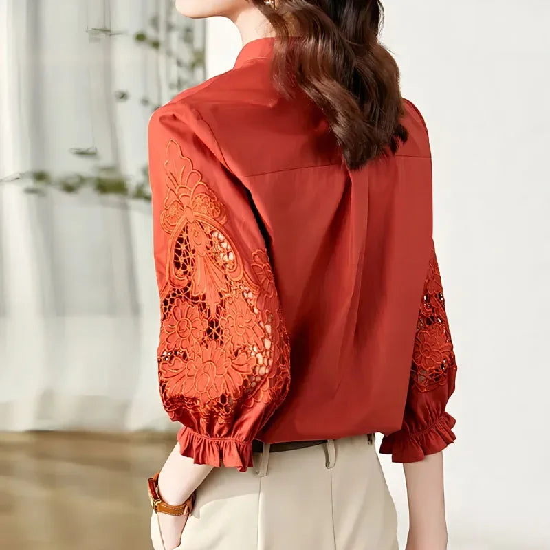 Elegant Fashion Hollow Out Embroidery Spliced Shirt Women's Clothing Spring Loose All-match Solid Button Blouse for Female