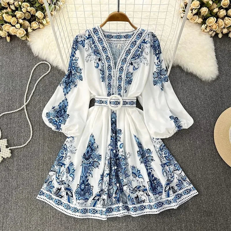 Women Bohemian Dress Spring Summer Print Long Lantern Sleeve V Neck Corset Slim Button Pleated Dress Women Vacation Dress