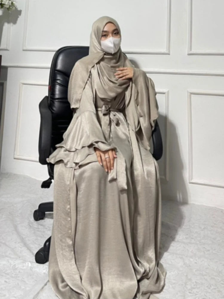 Open Abaya 2 Piece Set Modest Flare Sleeve Satin Islamic Under Dress for Women with Abayas Matching Muslim Suit Islam Sets