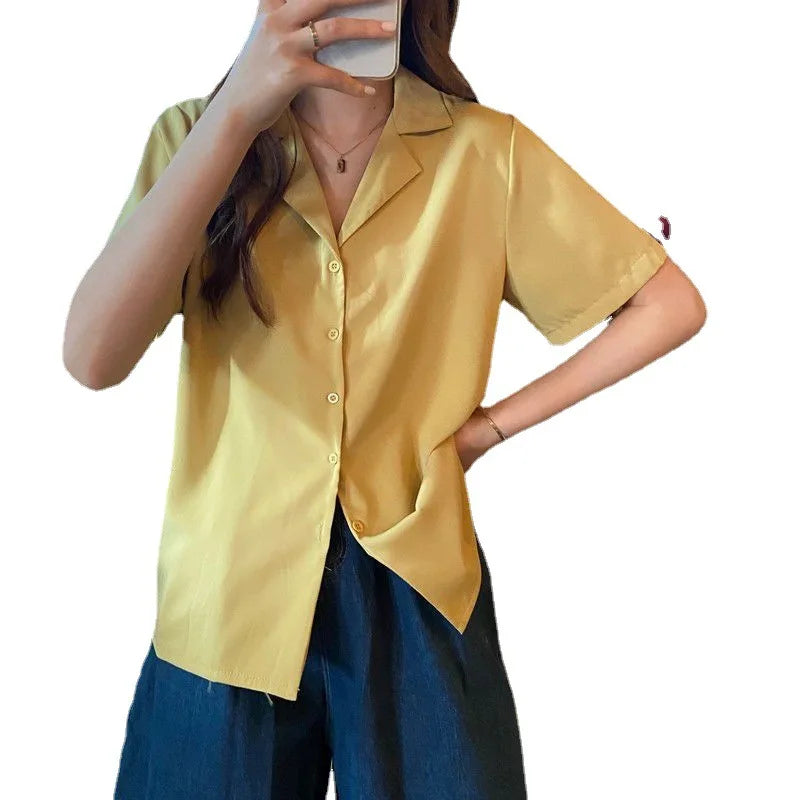 Shirts Women Korean Short Sleeve Turn Down Collar Loose Blouse Retro Elegant All Match Solid Basic Casual Top