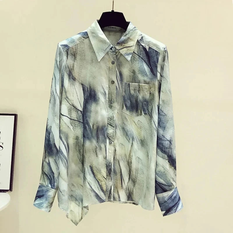 Women Spring Summer Satin blouses Blouses Shirt Lady Casual Long Sleeve Turn-down Collar Print Slim Tops