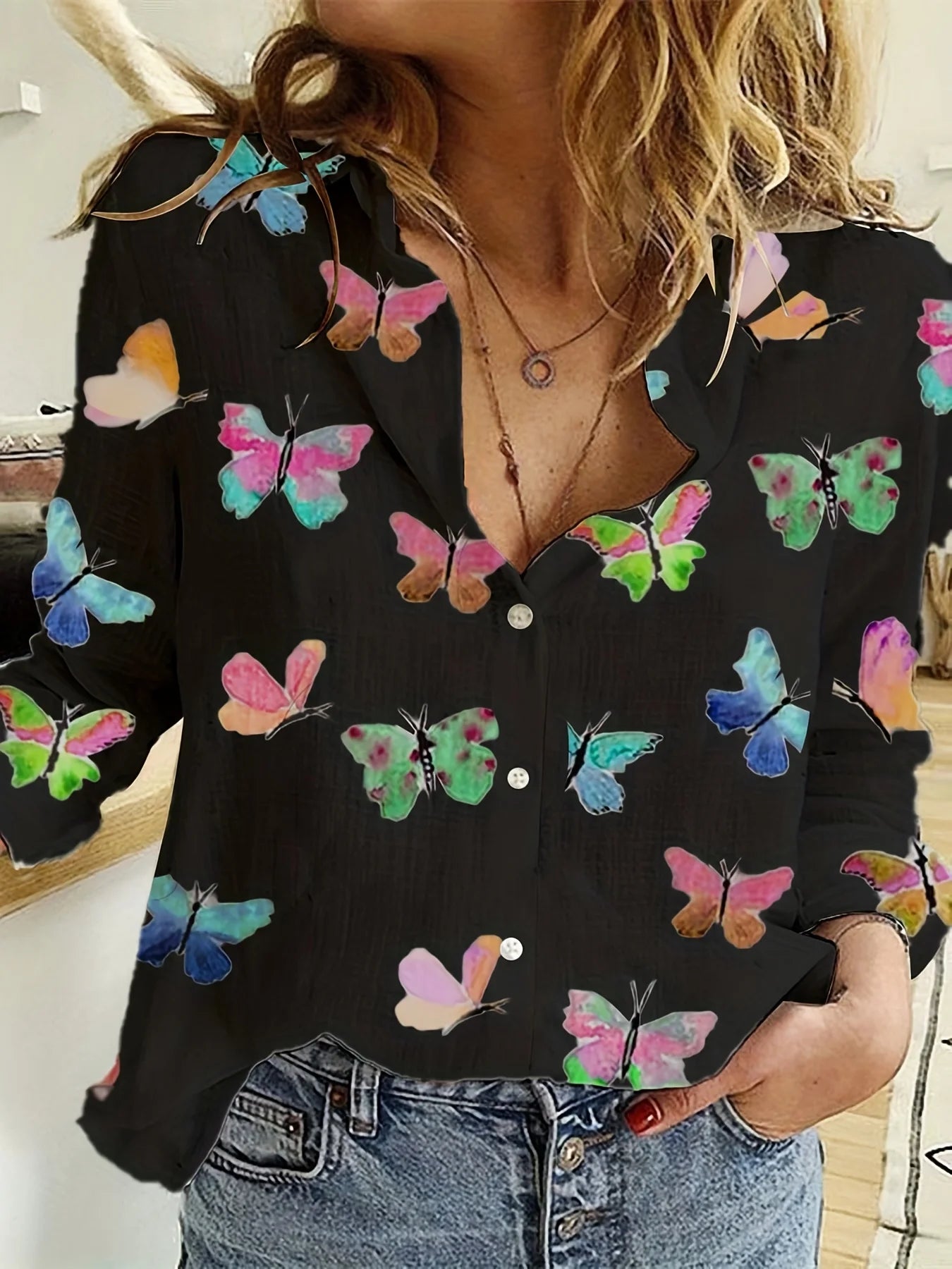 Fashion Retro Butterfly Group Print Long Sleeve Blouse  Spring Spring Lapel Button Casual Blouse Ladies Home Shirt