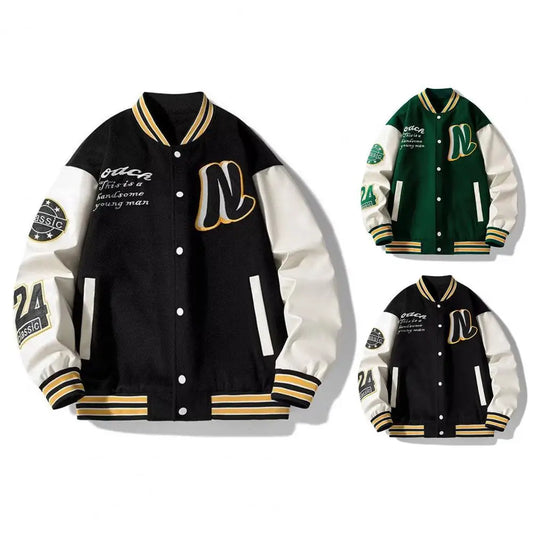 Men Jacket Men's Stand Collar Striped Letter Pattern Cardigan Coat with Pockets Long Sleeve Baseball Jacket for Winter