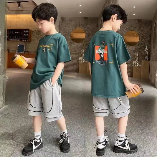 Kids  2Pcs/Sets Tracksuits Children Clothes Summer Cotton  Baby teenage boy Clothing Boys Casual T-Shirt Shorts