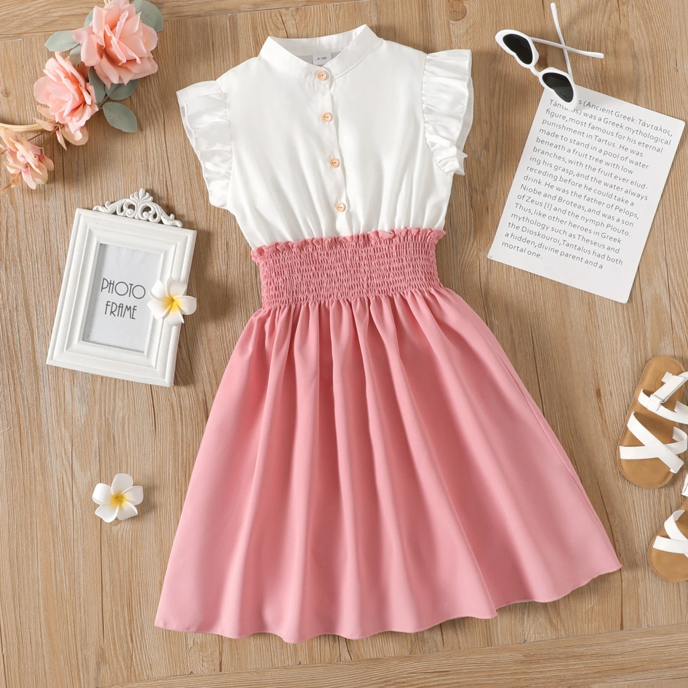 Kid Girl Dresses Button Design Smocked Splice Ruffled Flutter-sleeve Dress 
kids girls toddlers
