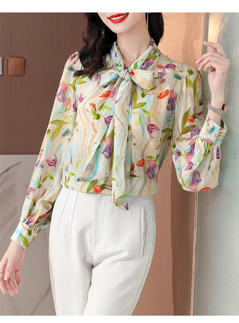 Women Autumn Casual Chiffon Tops Blouse Bow Neck Shirt Long Sleeve Fashion Blouses Clothes Blouses Major