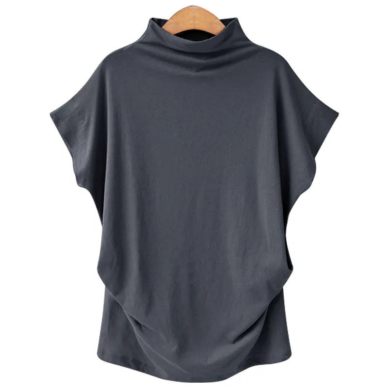 Women Tops Korean Style  Women Cotton Blouse Short Sleeve O-Neck Blouse Female Turtleneck Blouse
