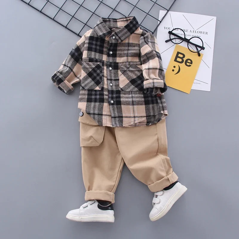Autumn Spring Baby Boy Fashion Formal Clothing Set Kid Suits Set Plaid Shirt Pants 2pac/set Children Clothes Set 1 2 3 4 5 Years