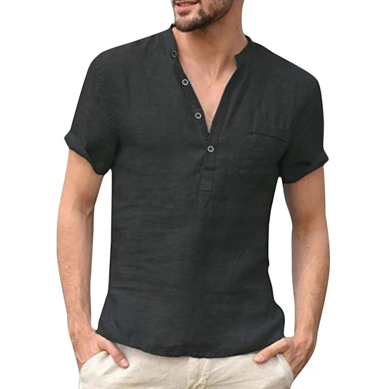 High Quality  Men'S Linen V Neck Bandage T Shirts Male Solid Color Long Sleeves Casual Cotton Linen Tshirt Tops