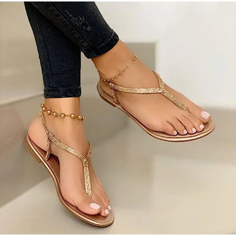 Ladies Sandals  New Summer Rome Fashion Rhinestone Thong Flat Sandals Seaside Beach Casual Sandals Back Strap Plus Size 43