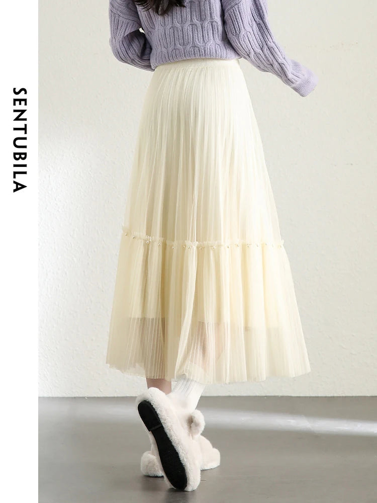 High Waist A-line Mesh Women's Skirt  Spring Simple Elastic Waist Beading Pleated Midi Skirts for Woman