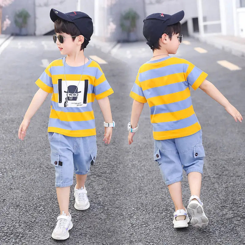 Summer Boys Clothing  Kids Clothes Stripe Cotton T-shirt+Jeans Pant Boy Sets Infant Newborn Clothing