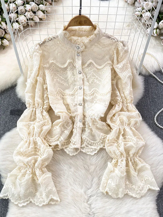 Women Shirt Retro Court Style Trumpet Long Sleeved Stand Up Collar Single Breasted Hollowed Out Lace Shirt Top