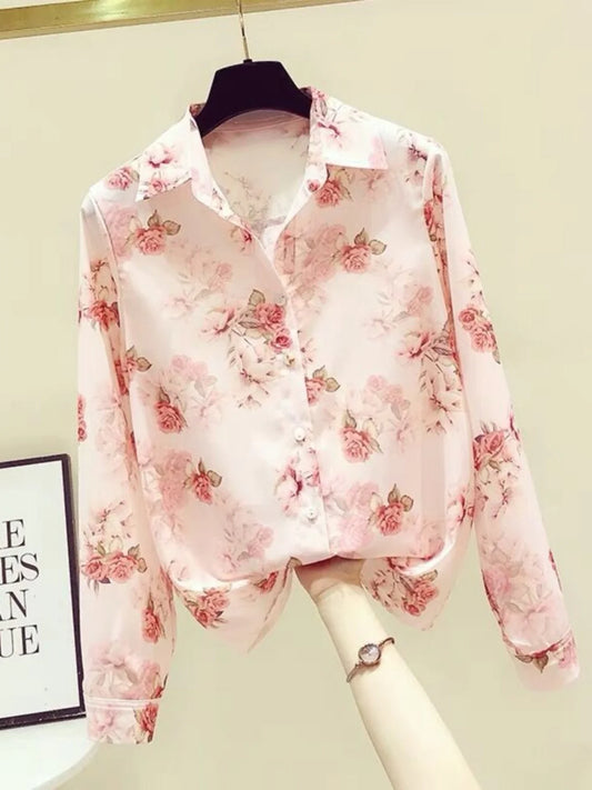 Casual Blouse Long Sleeve Elegant Print Tops Single Button Clothes Streetwear Women Ladies Shirt