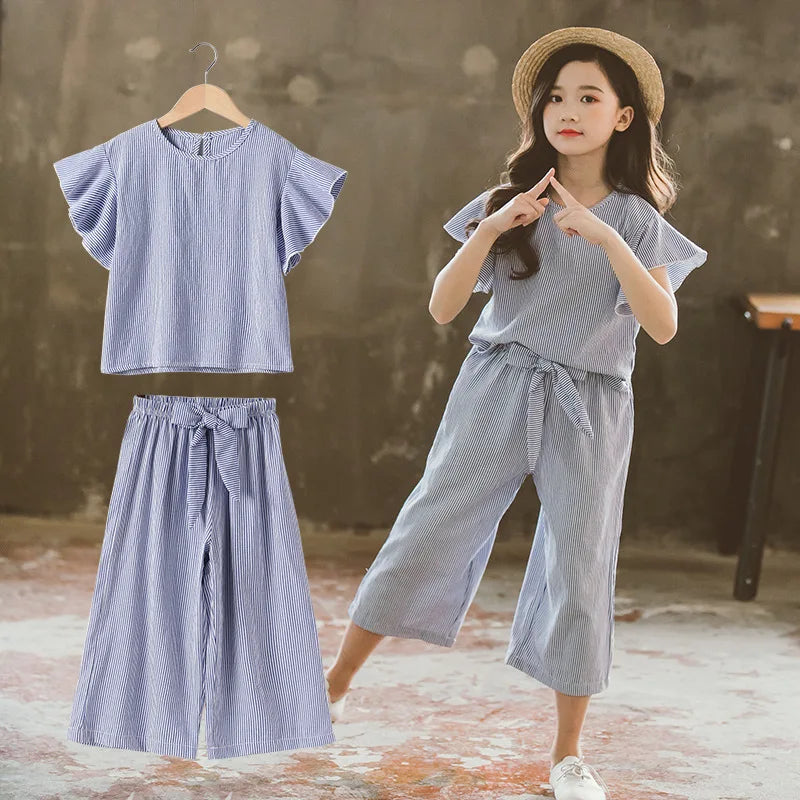 Summer Clothes Set Girls Children Striped Outfits Short-sleeved Tops + Wide Leg Pants Kids Clothes 5 6 7 8 9 10 11 12 year