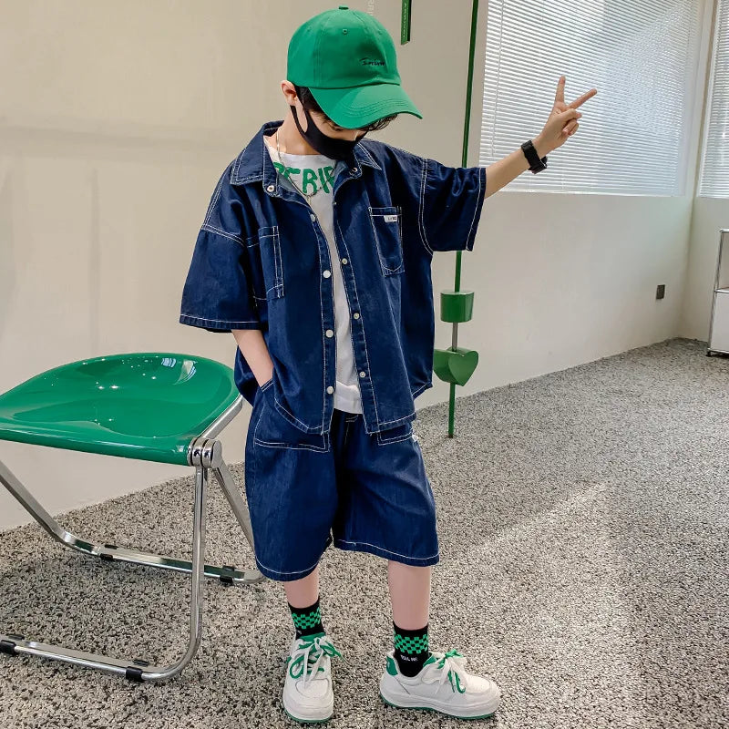 Boys Summer Denim Short Sleeve Coat + Shorts 2Pcs/Set Kids Outfits Korean Style Children Fashion Clothing Suits