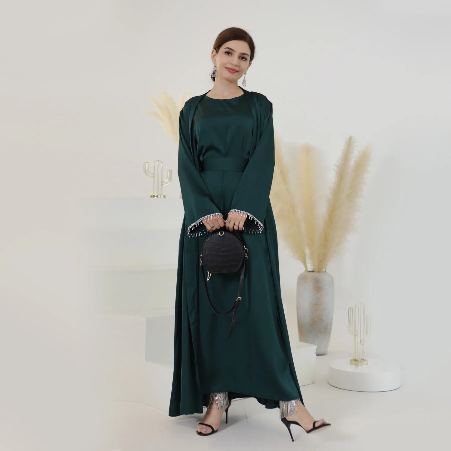 Satin Open Abaya Beads Kimono Muslim Dress Plain Abayas for Women Dubai Luxury Turkey Party Kaftan Robe Ramadan Islamic Clothes