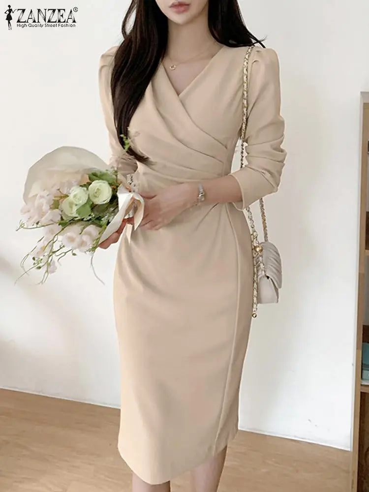 Fashion  Dress Spring V-Neck Long Sleeve Sundress Solid Color Pleated Midi Robe Female Elegant Sexy