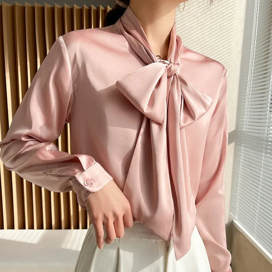 Ladies Fashion Long Sleeves Butterfly Bow Tie Blouse Solid Color Silk Satin Shirt Thin Casual Tops Women