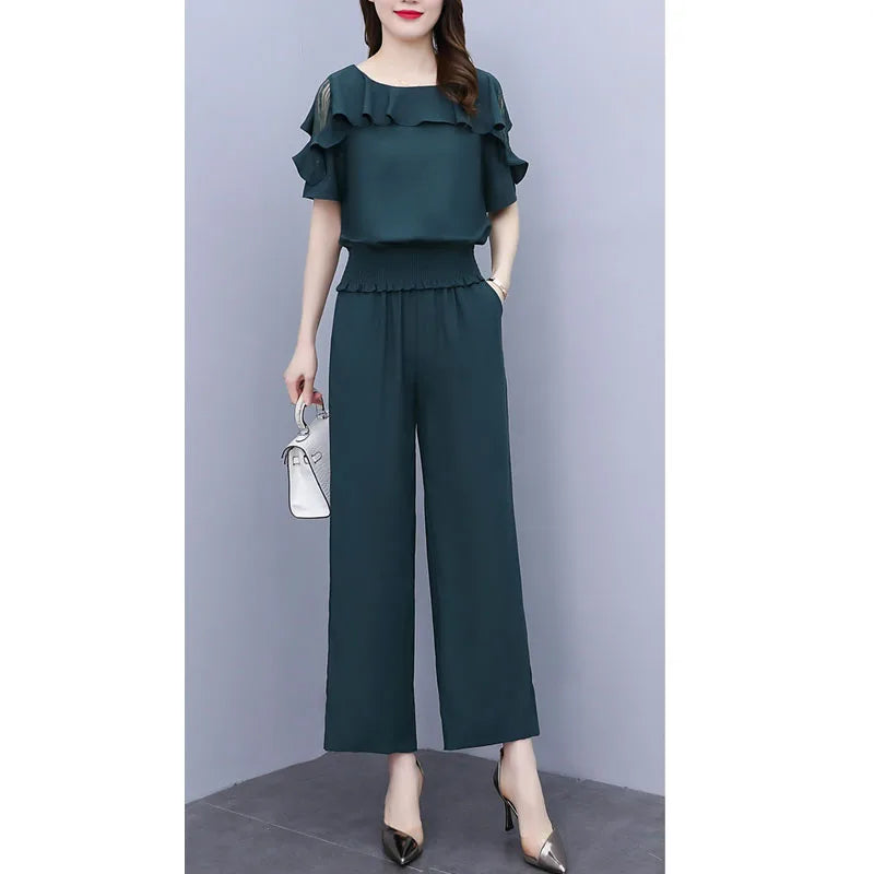 Women 2pcs/set  Plus Size Ruffle Suits Round Neck Waist-in Blouse Elastic Waist Wide Leg Trousers Two Piece Set