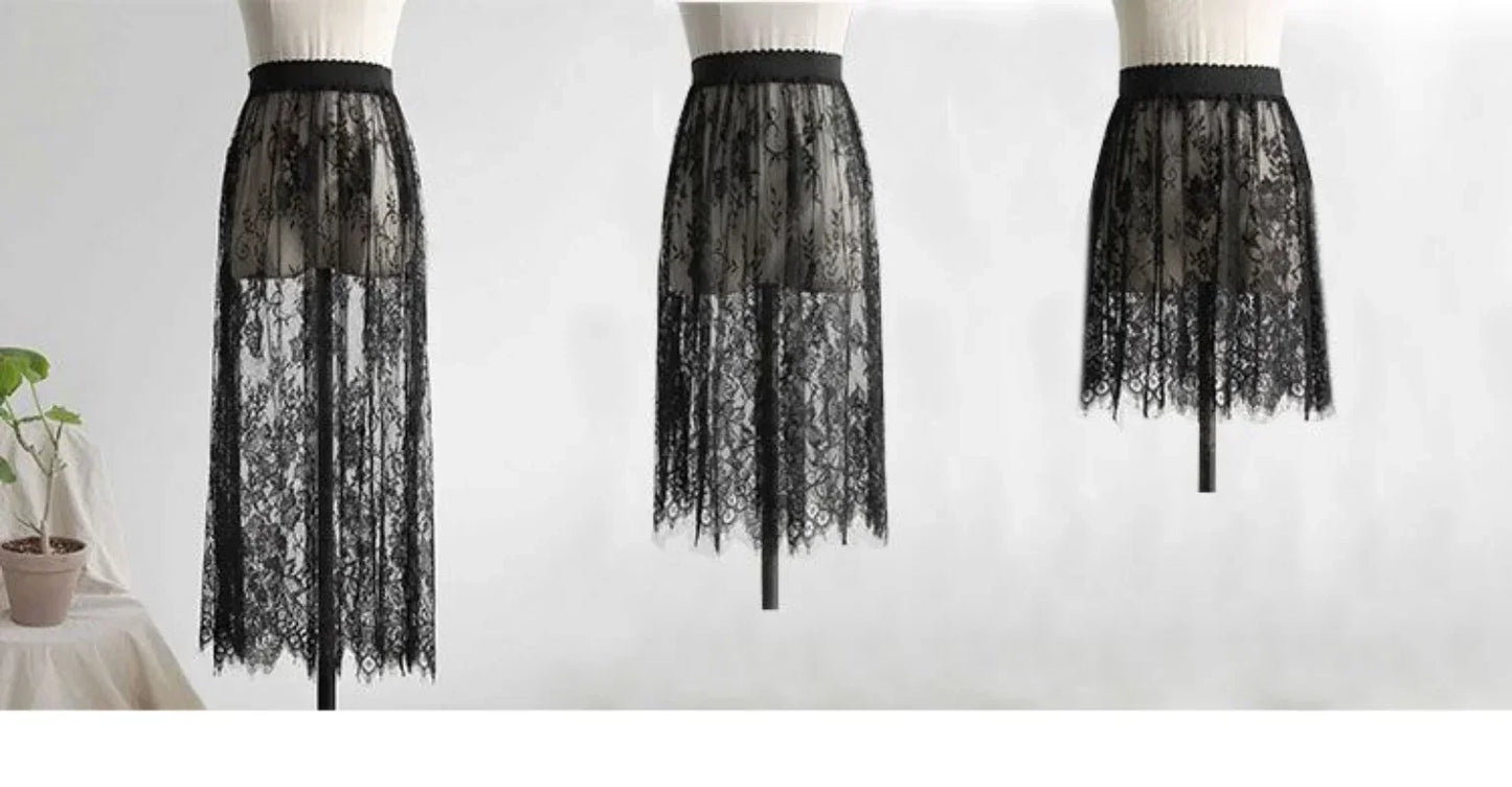 Women Mesh Lace Transparent Long Tulle Skirt