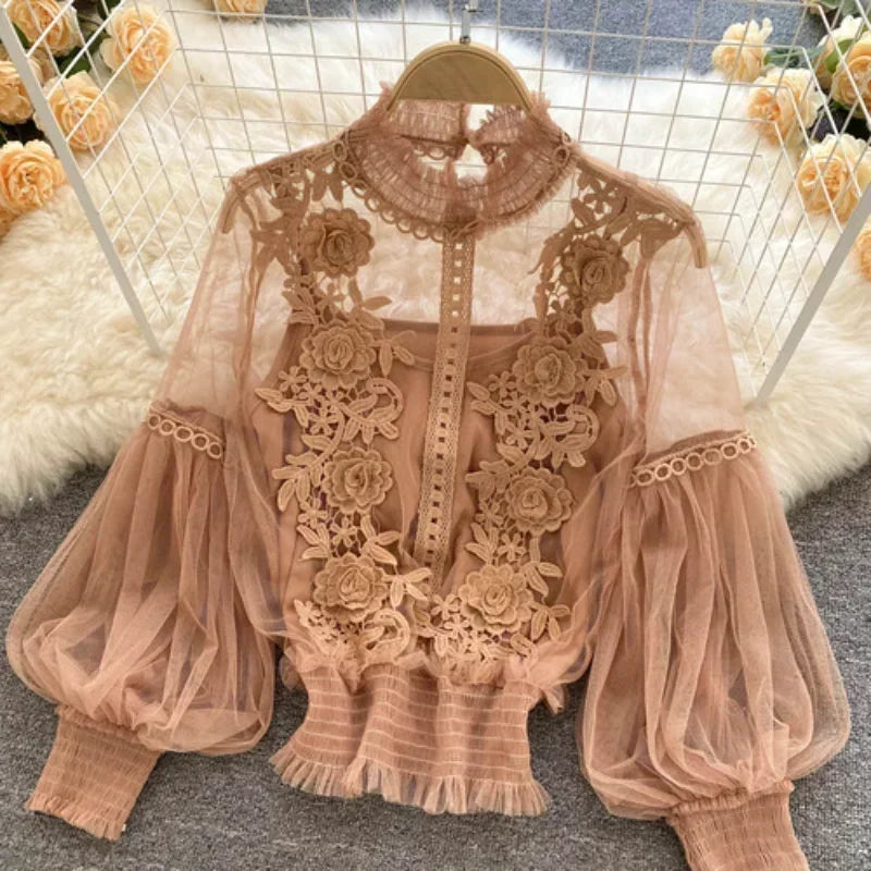 Women Tops Fashion Sexy Sheer Lace Blouse Lantern Sleeve 3D Floral Blouses Shirts Elegant  Tops For Women