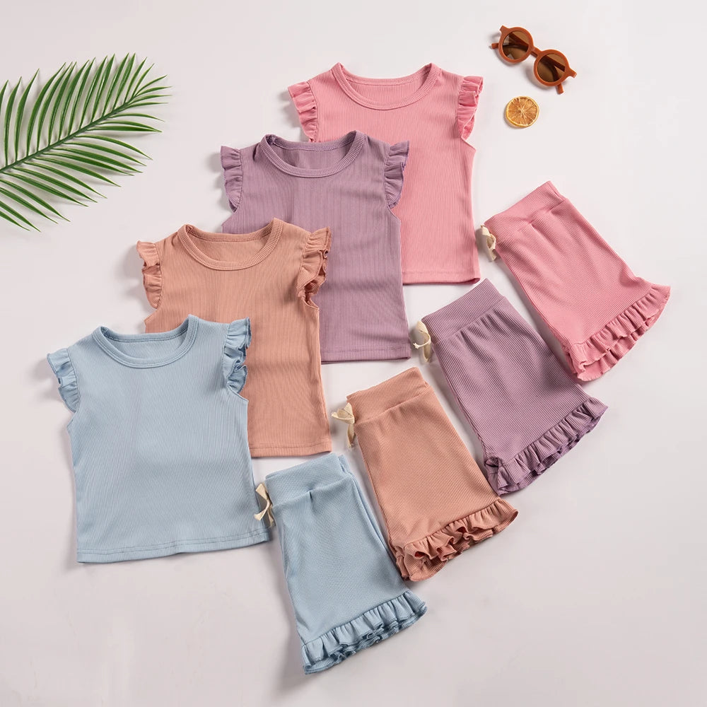 Summer Girls Clothes Sets 2pcs Fly Sleeve T-shirts Ruffle Shorts T-shrits Set Toddler Girl Clothes Suits Sleepwear Kids Clothing girl toddler