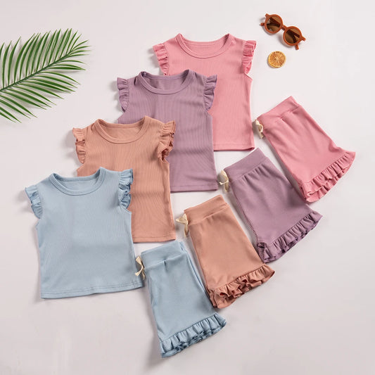 Summer Girls Clothes Sets 2pcs Fly Sleeve T-shirts Ruffle Shorts T-shrits Set Toddler Girl Clothes Suits Sleepwear Kids Clothing girl toddler