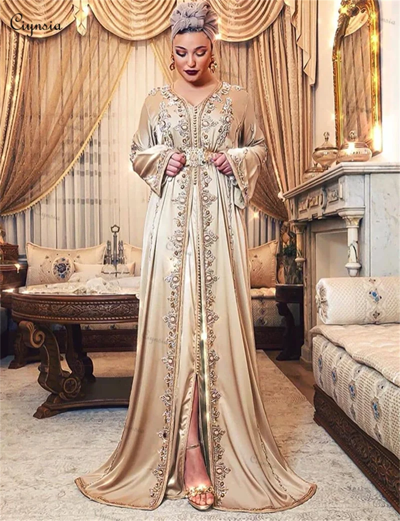 A-Line Satin Long Sleeve Nigeria Caftan Evening Dresses Muslim Formal Party Gowns Women