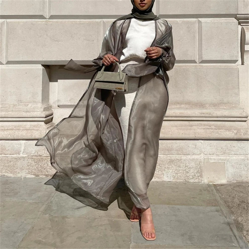 Open Abaya Elegant Women Shiny Muslim Cardigan Maxi Dress Turkey Kimono Arab Eid Party Puff Sleeve Summer Kaftan Islam Jalabiya