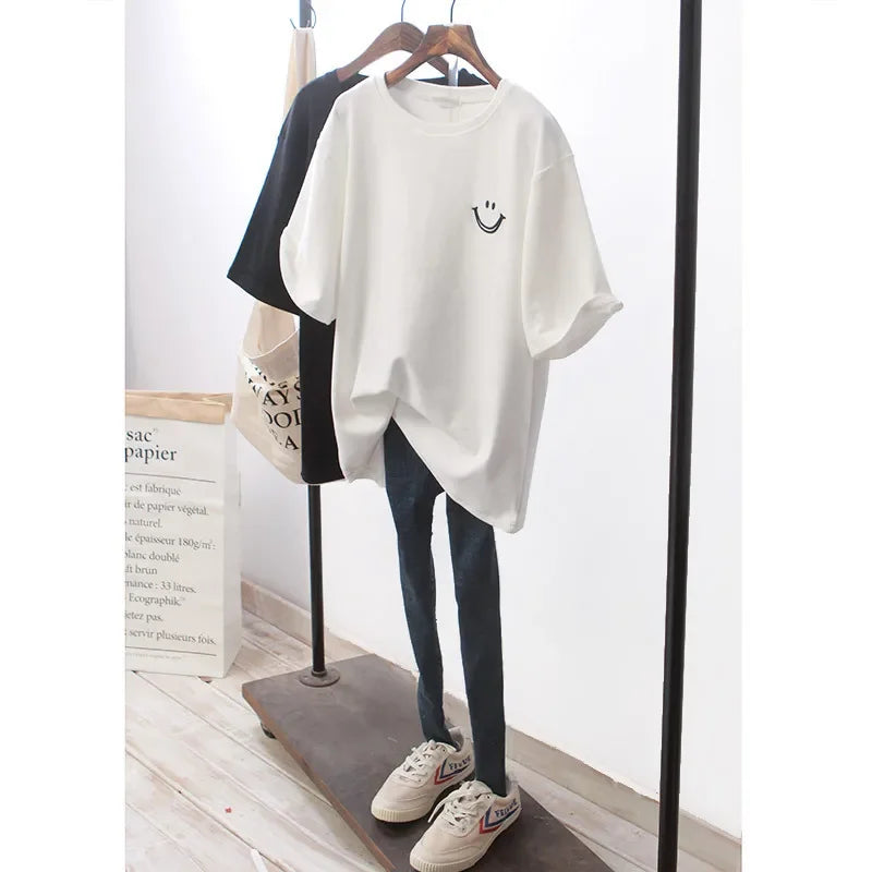 smile loose version T-shirt bottoming shirt white T-shirt student top