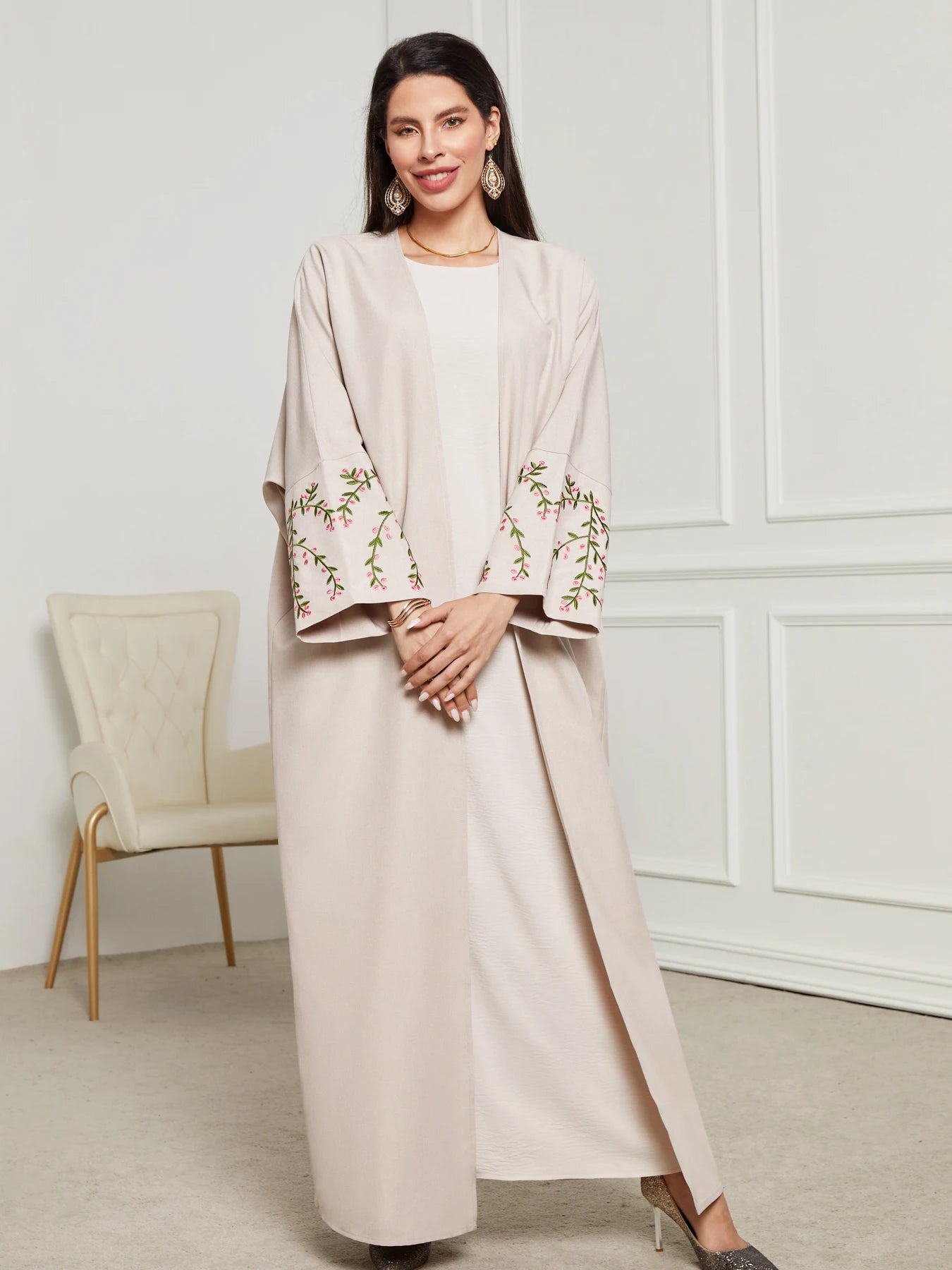 Open Kimono Abaya For Muslim Women Shalwar Kameez Jalabiya Embroidery Long Sleeve Robe