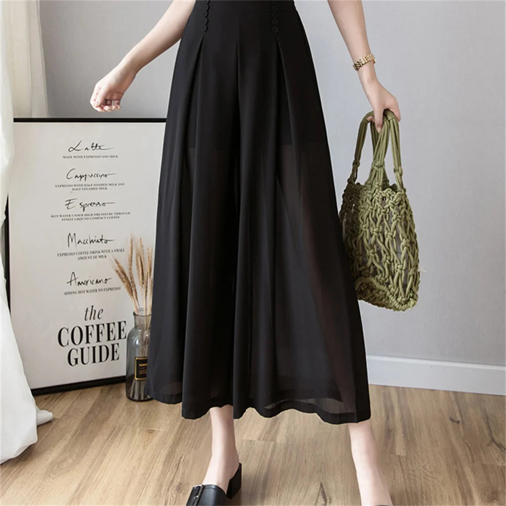 summer high waist Women's wide leg chiffon straight pleated Capris pants for women baggy pants woman trousers