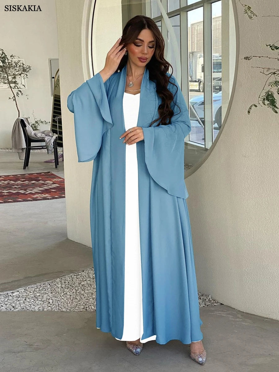 Open Kimono Abaya For Women Fashion Ruffle Sleeve Arab Clothing Jalabiyat Soft Gulf Robe
