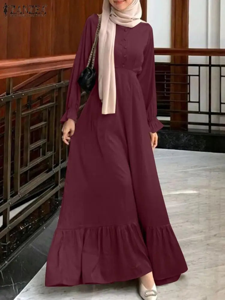 ZANZEA Spring Maxi Sundress Women Muslim Dress Turkey Abaya Dubai Long Vestidos Kaftan  Fashion Long Sleeve IsIamic Robe