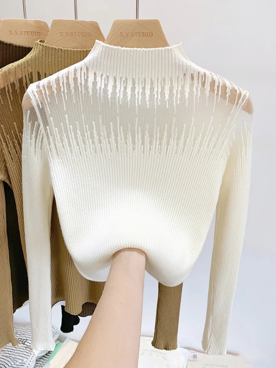 Soft and Comfortable Women's Knit Pullover with Half-high Collar for Winter, Perspective and Elastic Knitwear Top
